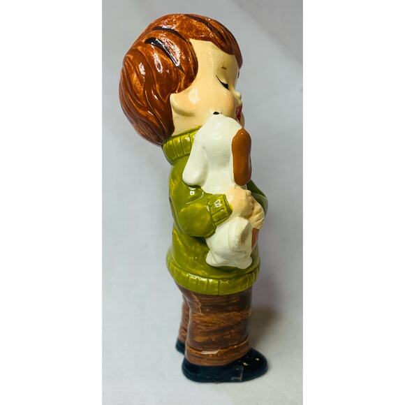 Made In Japan Figurine Boy with Dog MCM Green Shirt Brown Hair Pants Vintage - Picture 2 of 9